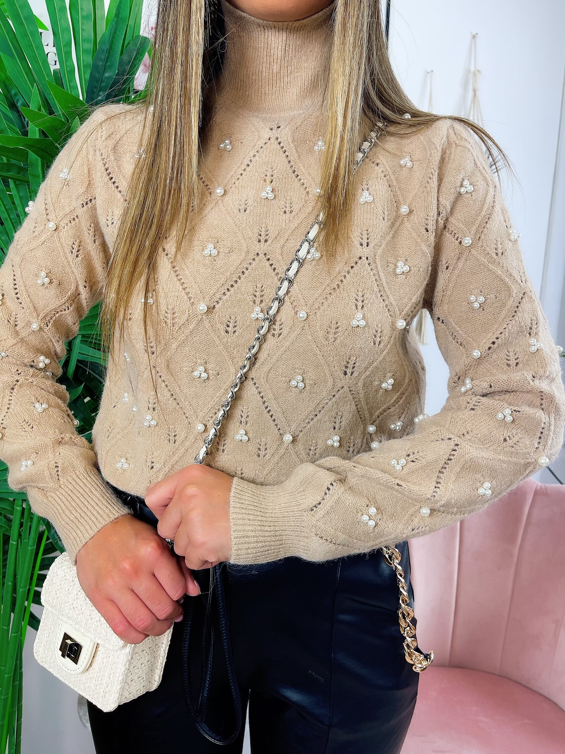 Maglione top quality con perle camel