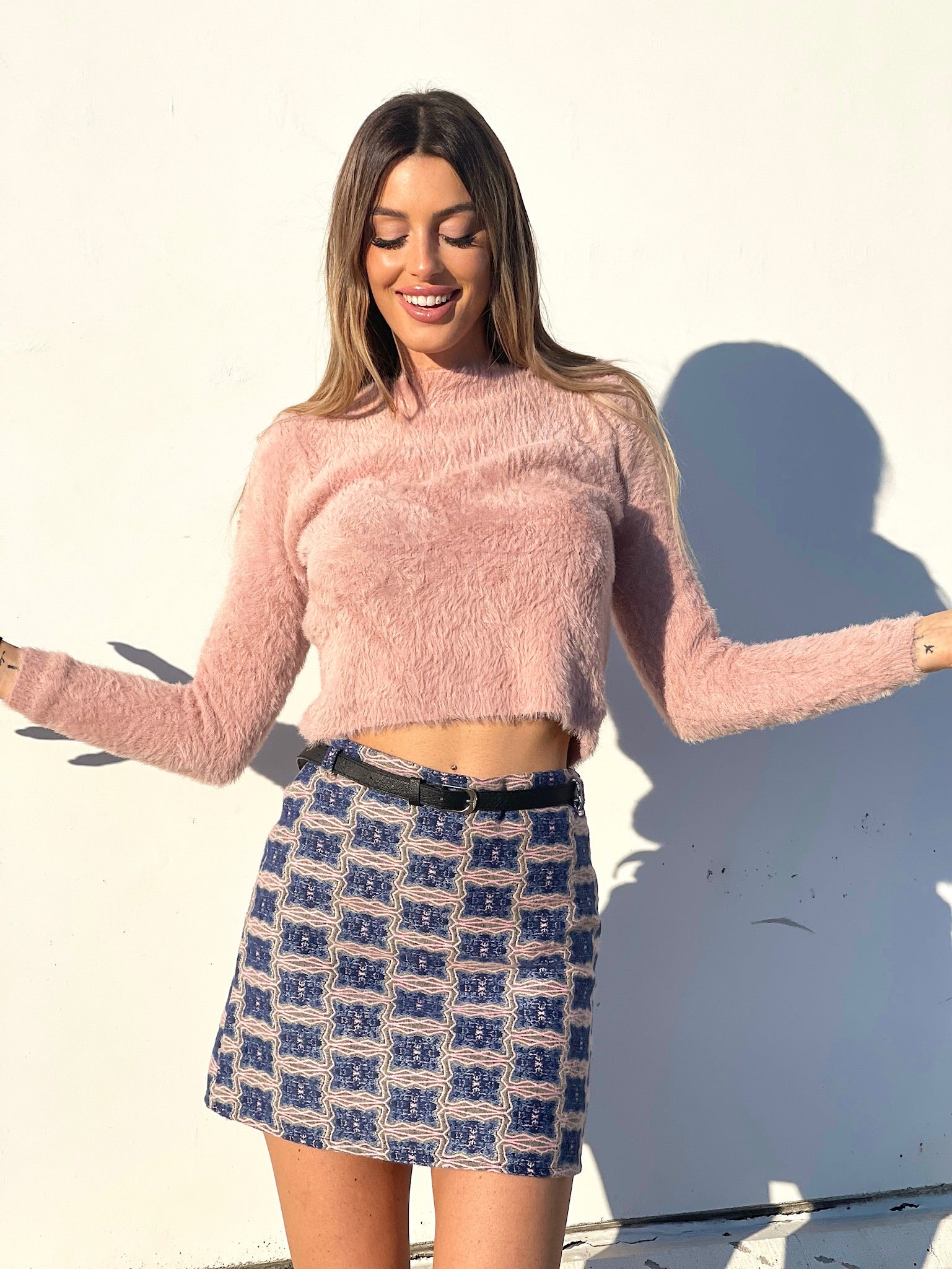 Gonna in tweed dettaglio rosa celeste