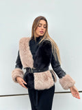 Giaccone nero/beige con cintura
