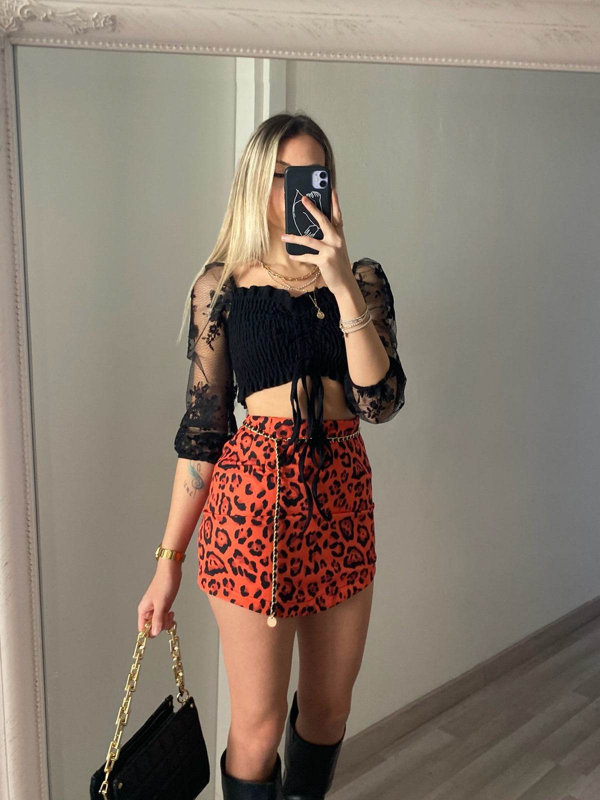 Gonna animalier arancio nero