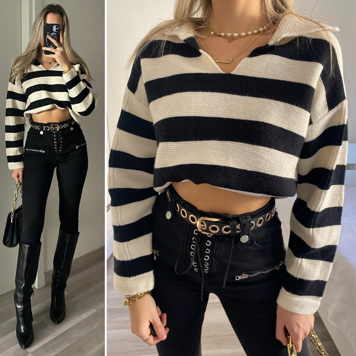 Pull nero e panna con colletto