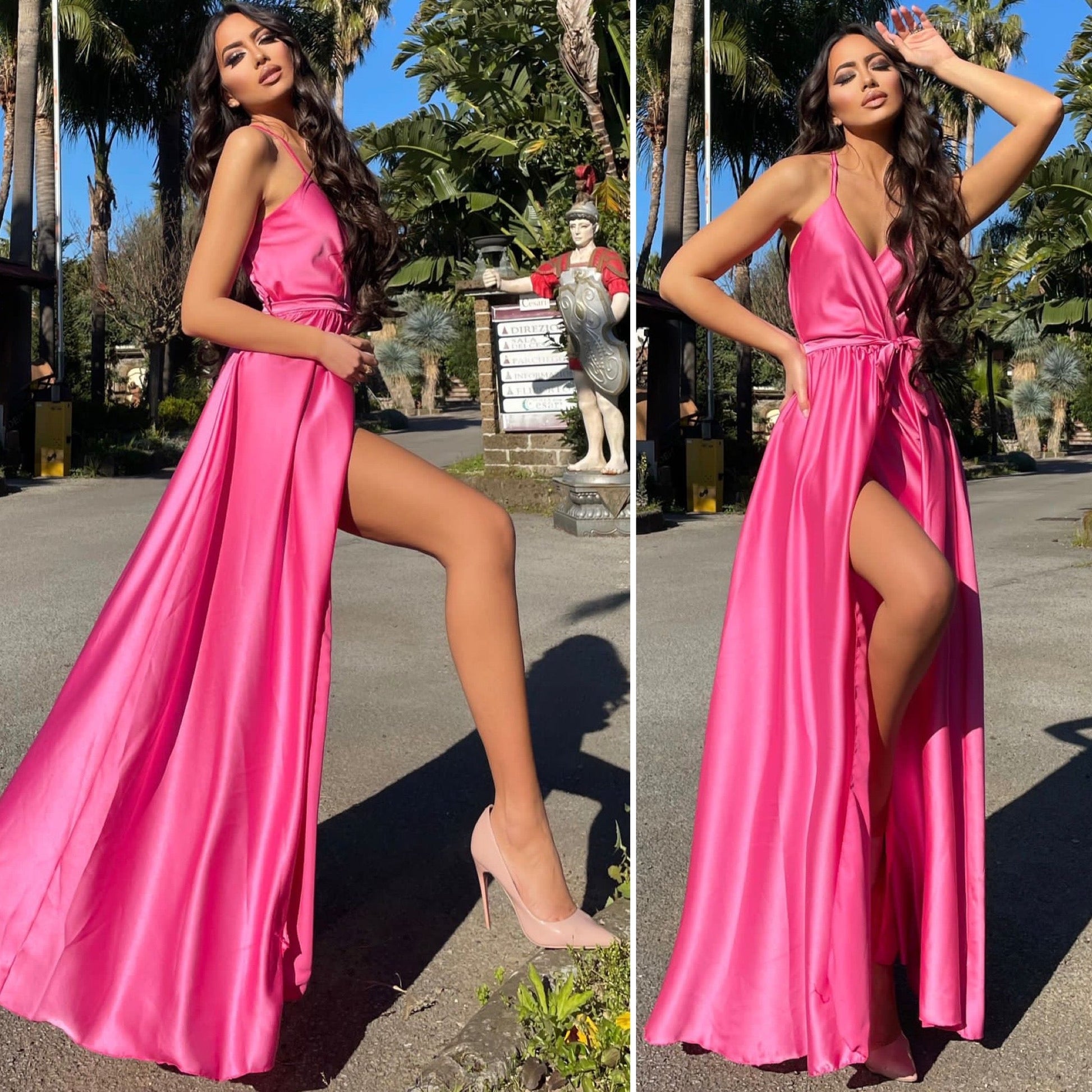 Abito in raso con maxi spacco fuxia