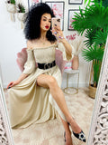 Abito lungo con scollo a barchetta beige
