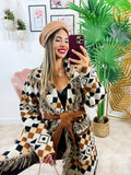 Cardigan lungo con frange e rombi colori tenui