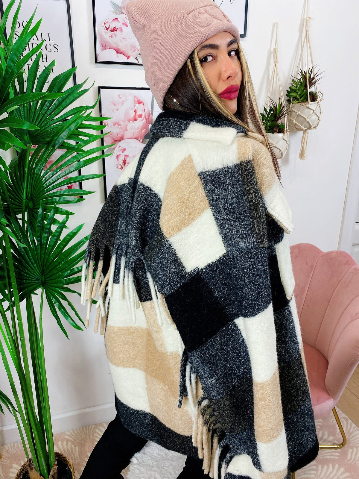 Giacca a quadri Beige con frange