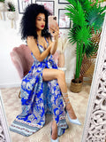 Abito maxi spacco fantasia blu