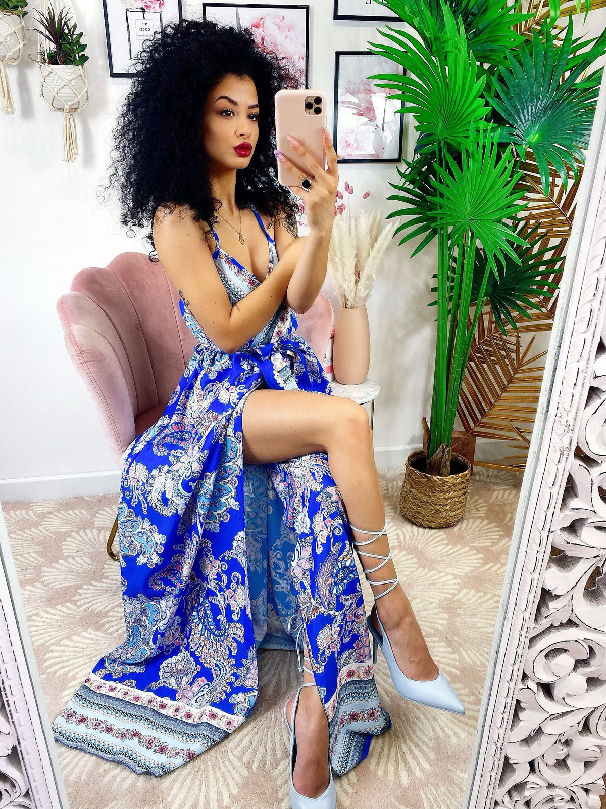 Abito maxi spacco fantasia blu
