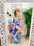 Abito maxi spacco fantasia blu