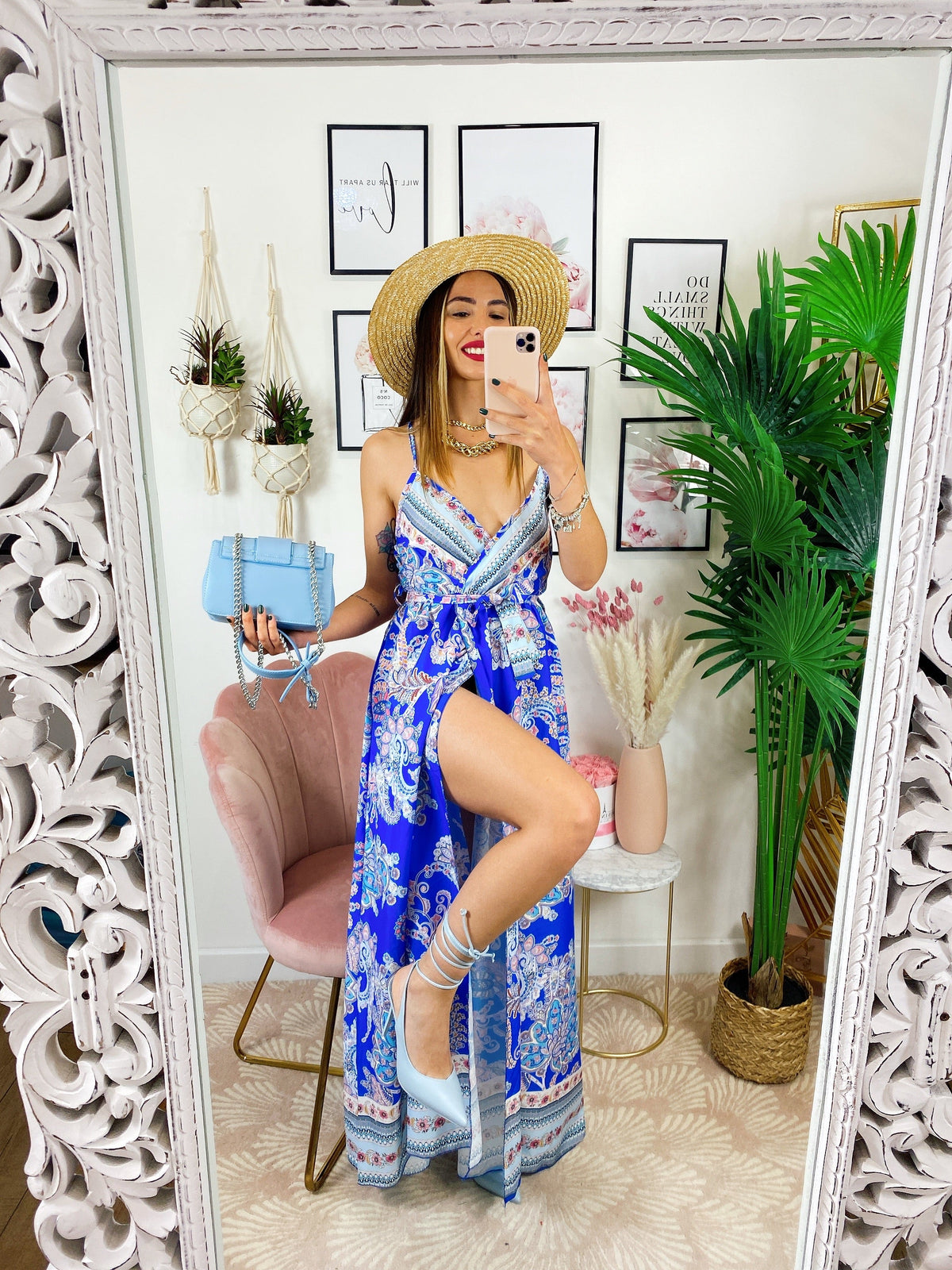 Abito maxi spacco fantasia blu
