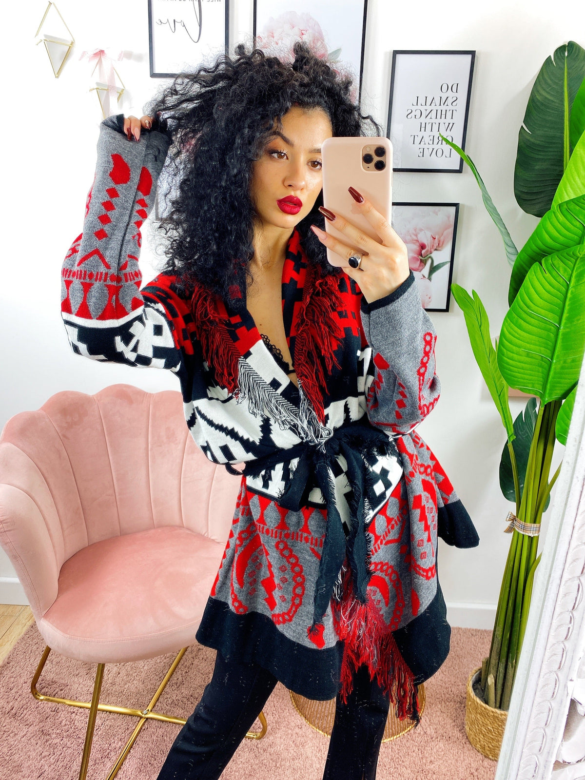 Cardigan Rosso con frange e cinta