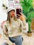 Maglione collo alto con rose Beige