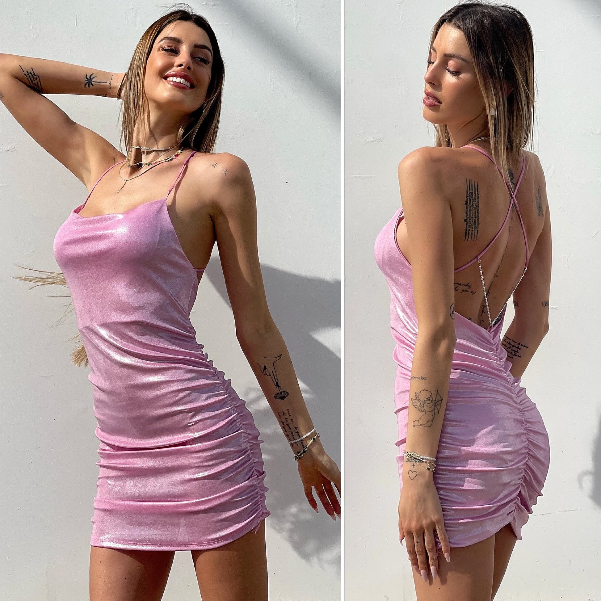 Abito rosa con incrocio e push up