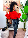Maglione scollo a barchetta con trecce rosso