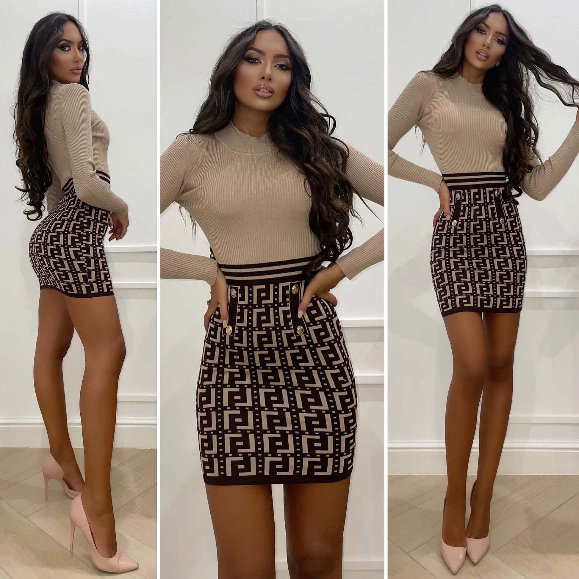 Abito in maglia nude gonna a fantasia