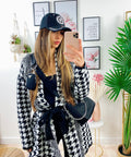 Cardigan Pied de poule con frange e cinta