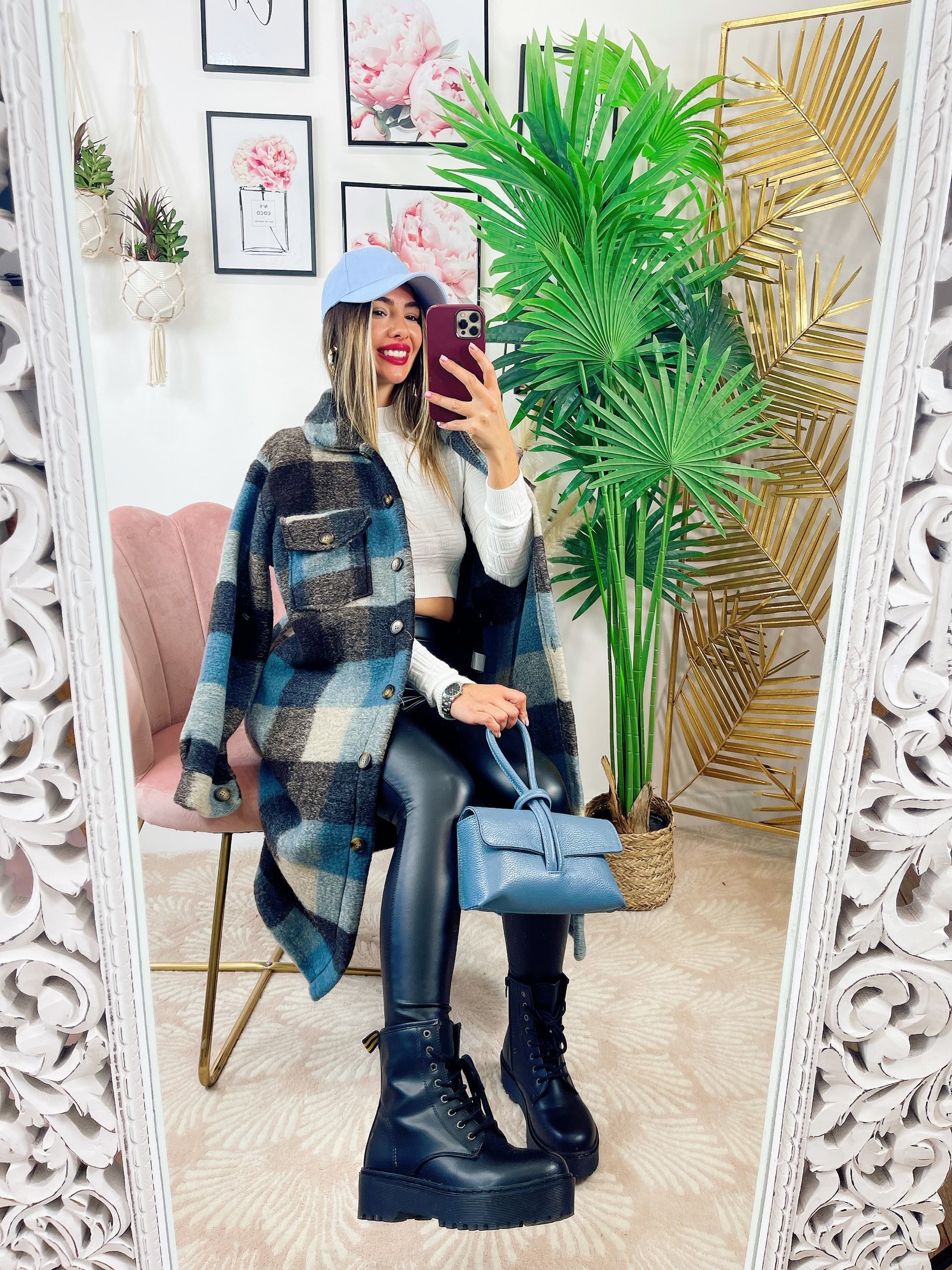 Maxi camicione a quadri nero e celeste