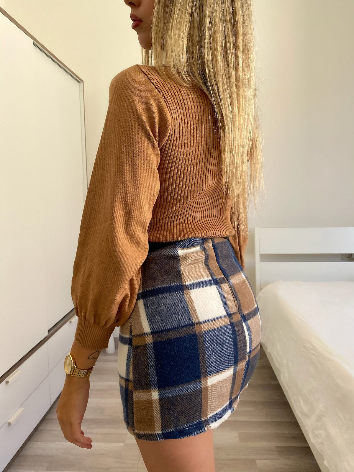 Gonna in tweed blu e beige
