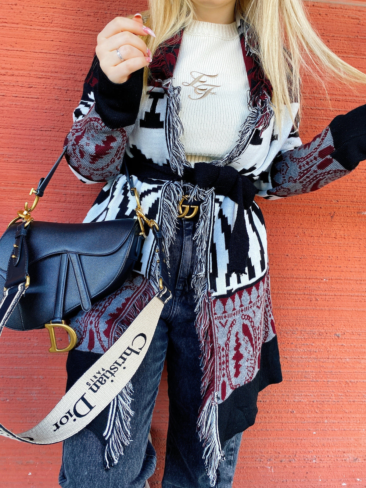 Cardigan Black/Bordeaux con frange e cinta