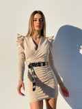 Abito beige con spalline e drappeggio