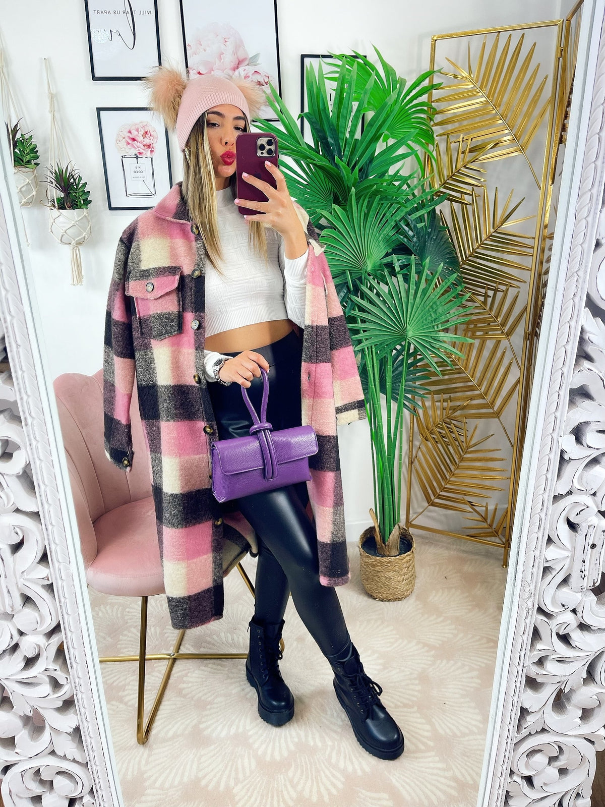 Maxi camicione a quadri nero e rosa