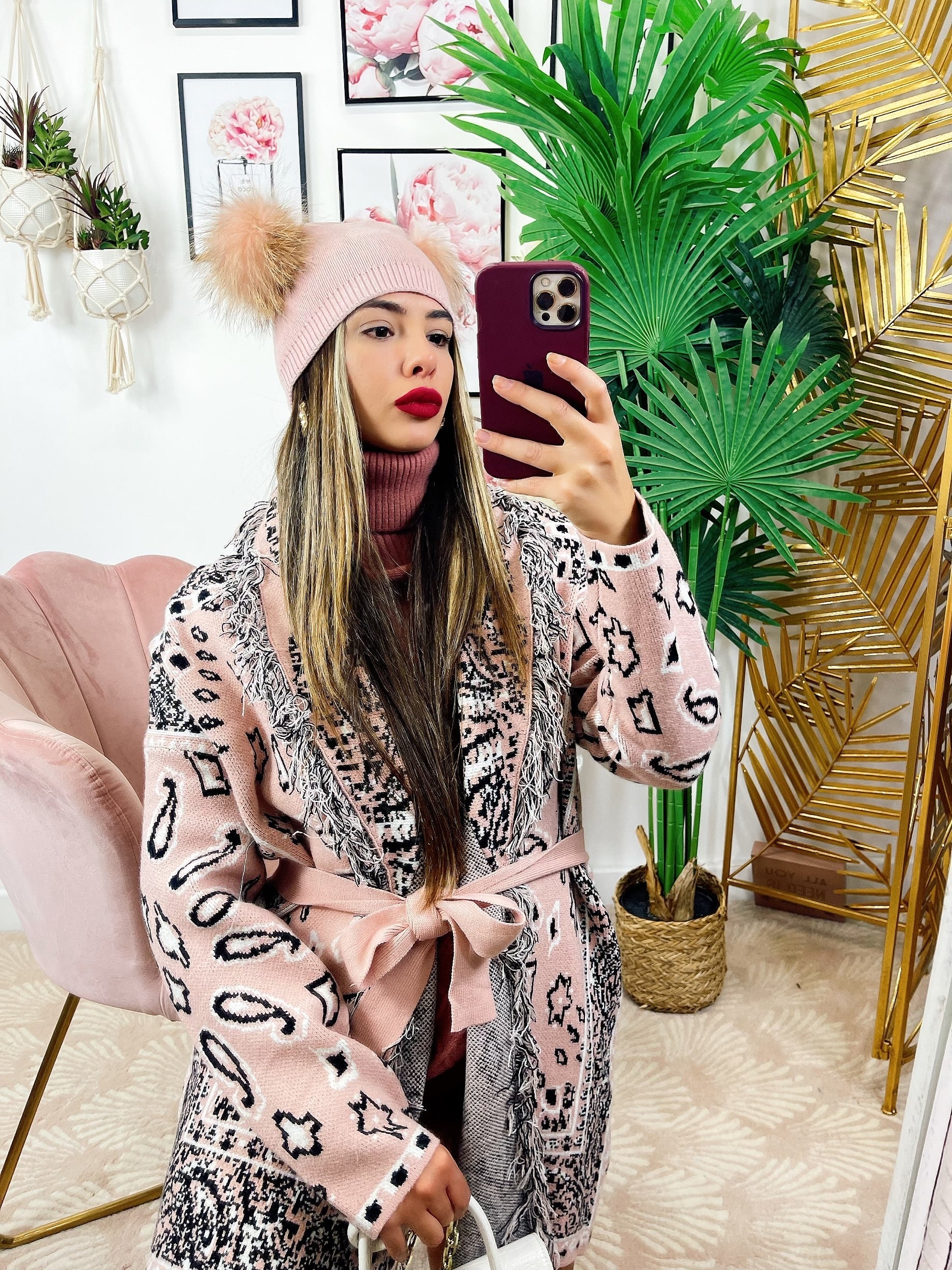 Cardigan con frange maculato rosa