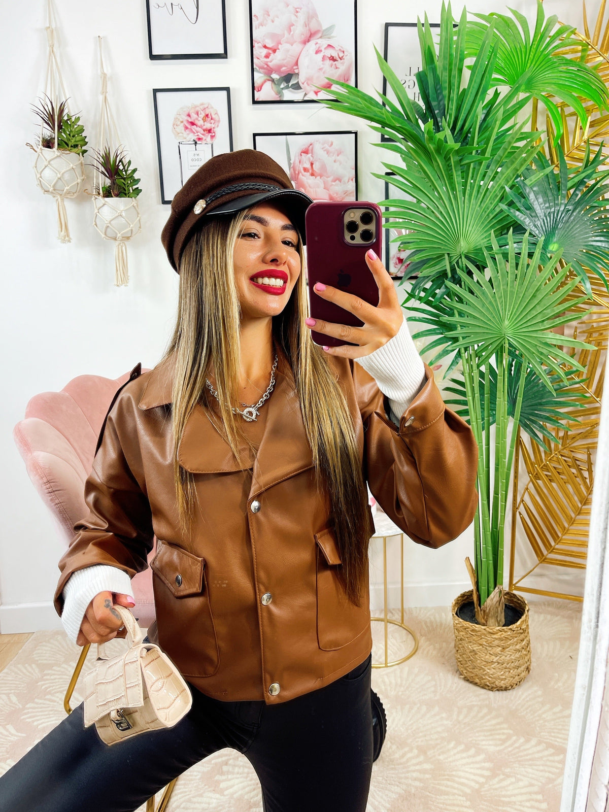 Giacca Camel in ecopelle con bottoni