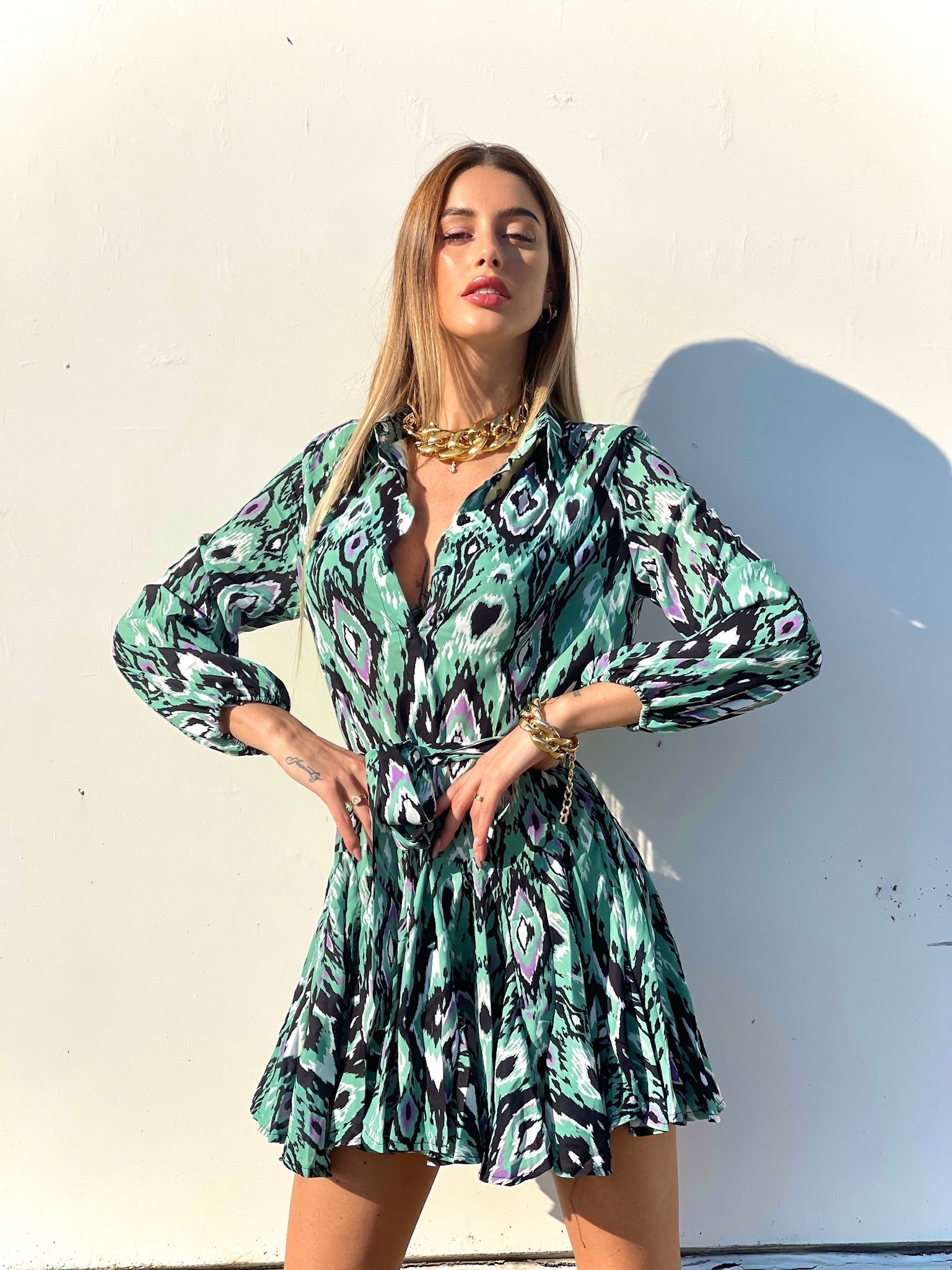 Abito con gonna a ruota dettaglio verde