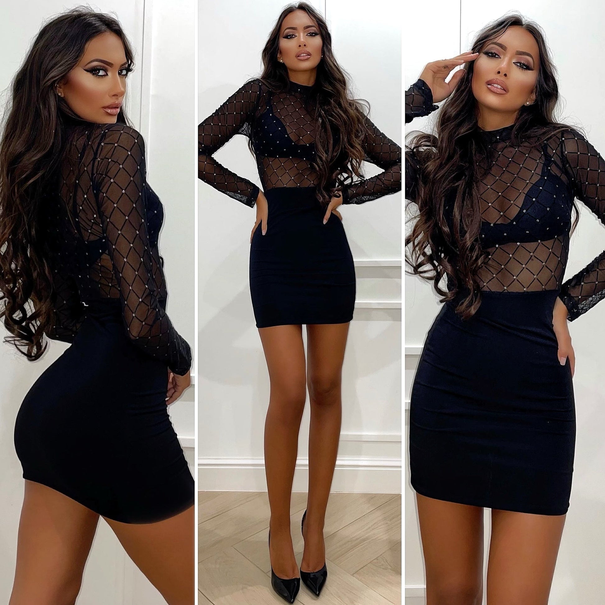 Abito nero con trasparenze e glitter