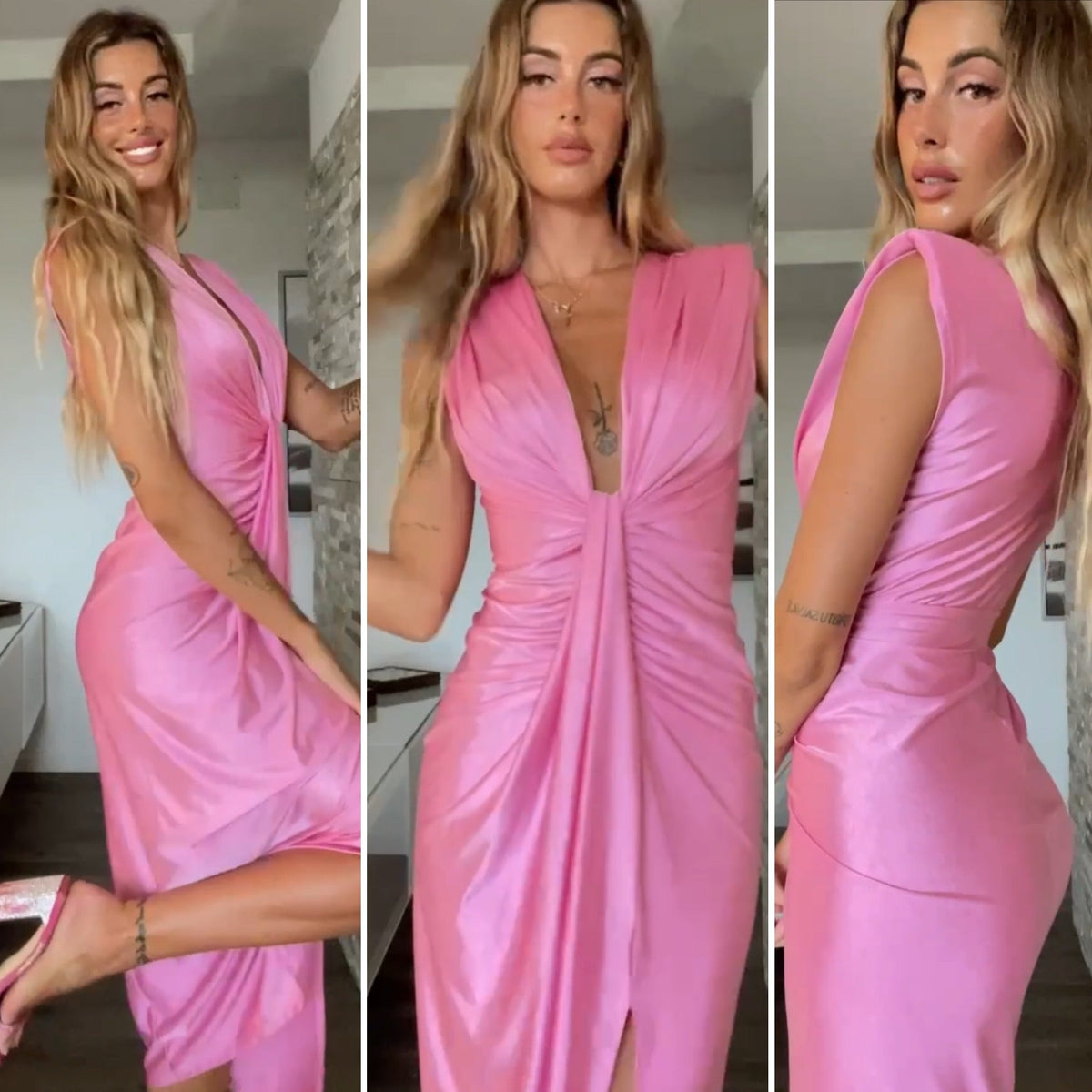 Abito rosa midi con scollo a V