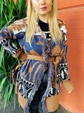 Cardigan Camel con frange e cinta