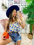 Maxi maglia floreale con catena dettagli blu