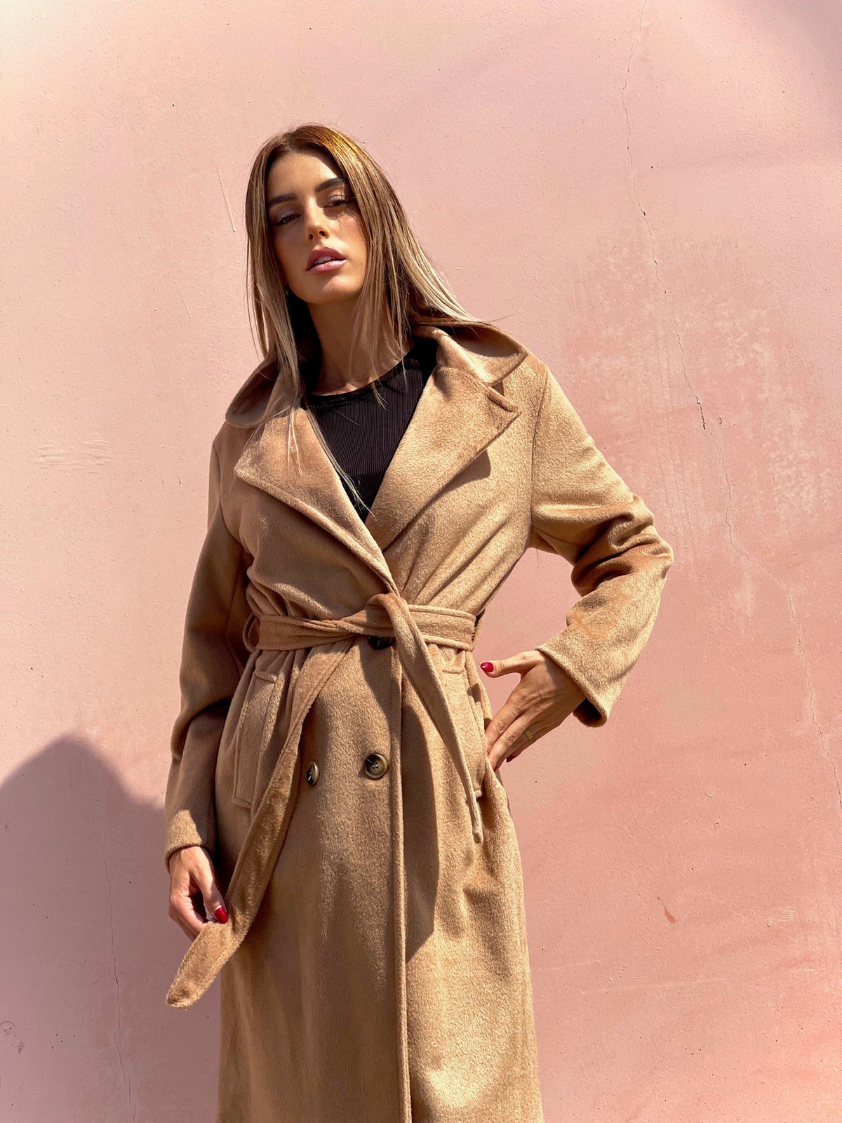 Cappotto lungo Camel con cintura