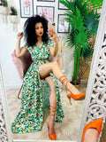 Abito lungo con maxi spacchi a fiori base verde