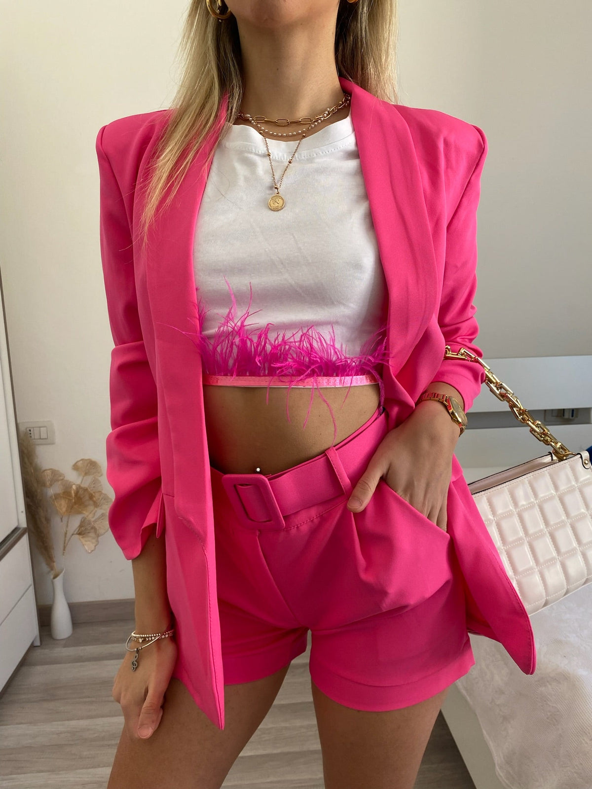 T-shirt crop piume Fuxia