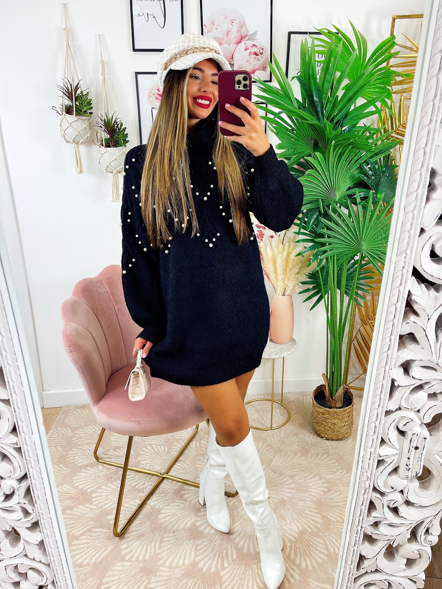 Maxi maglione collo alto con perle Nero