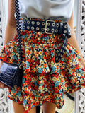 Gonna a balze con fiori rossi e verdeacqua