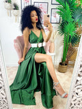 Abito in raso con maxi spacco verde