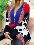 Cardigan con frange rosso blu maculato
