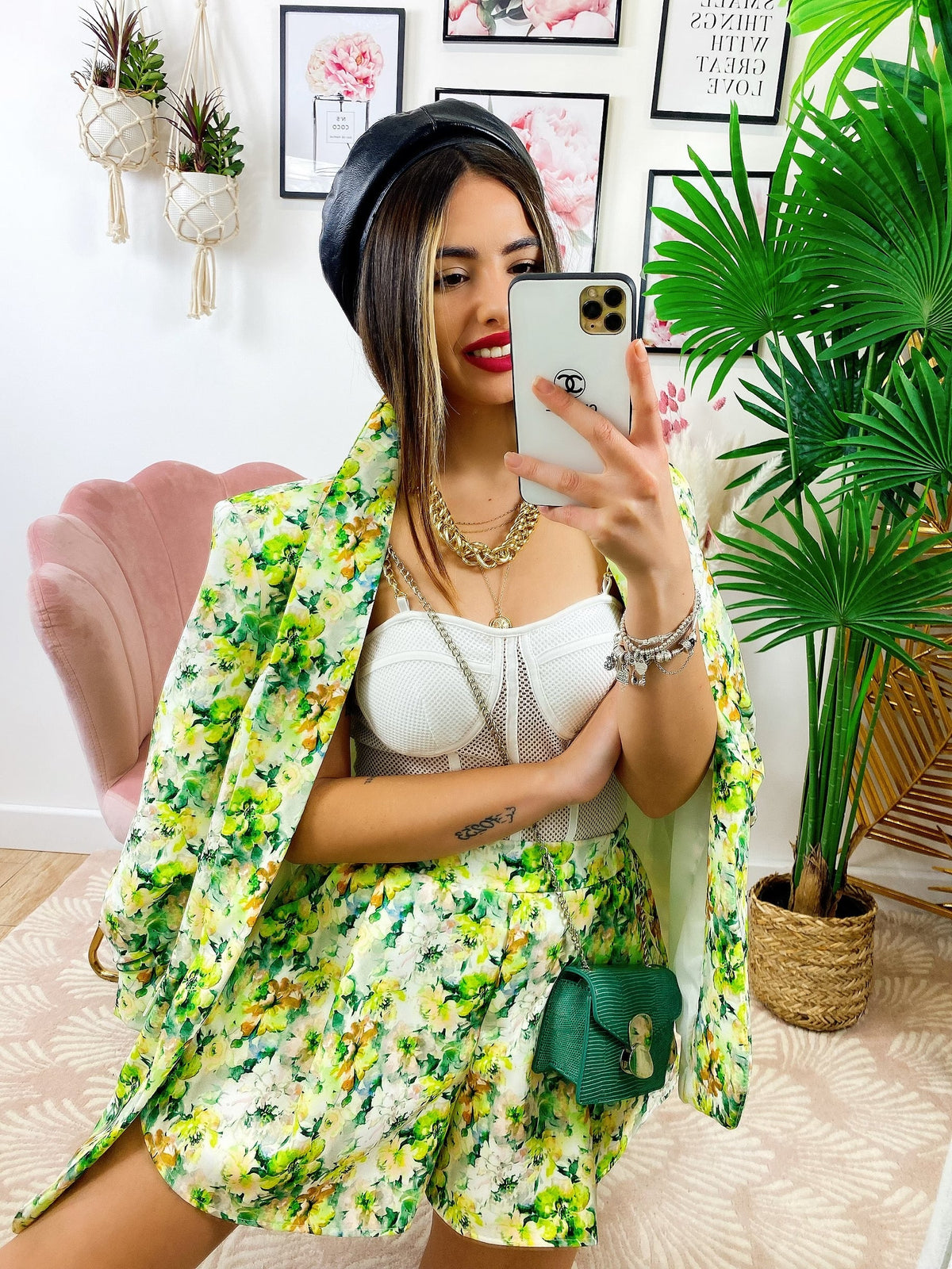 Completo Giacca e Short fiori lime