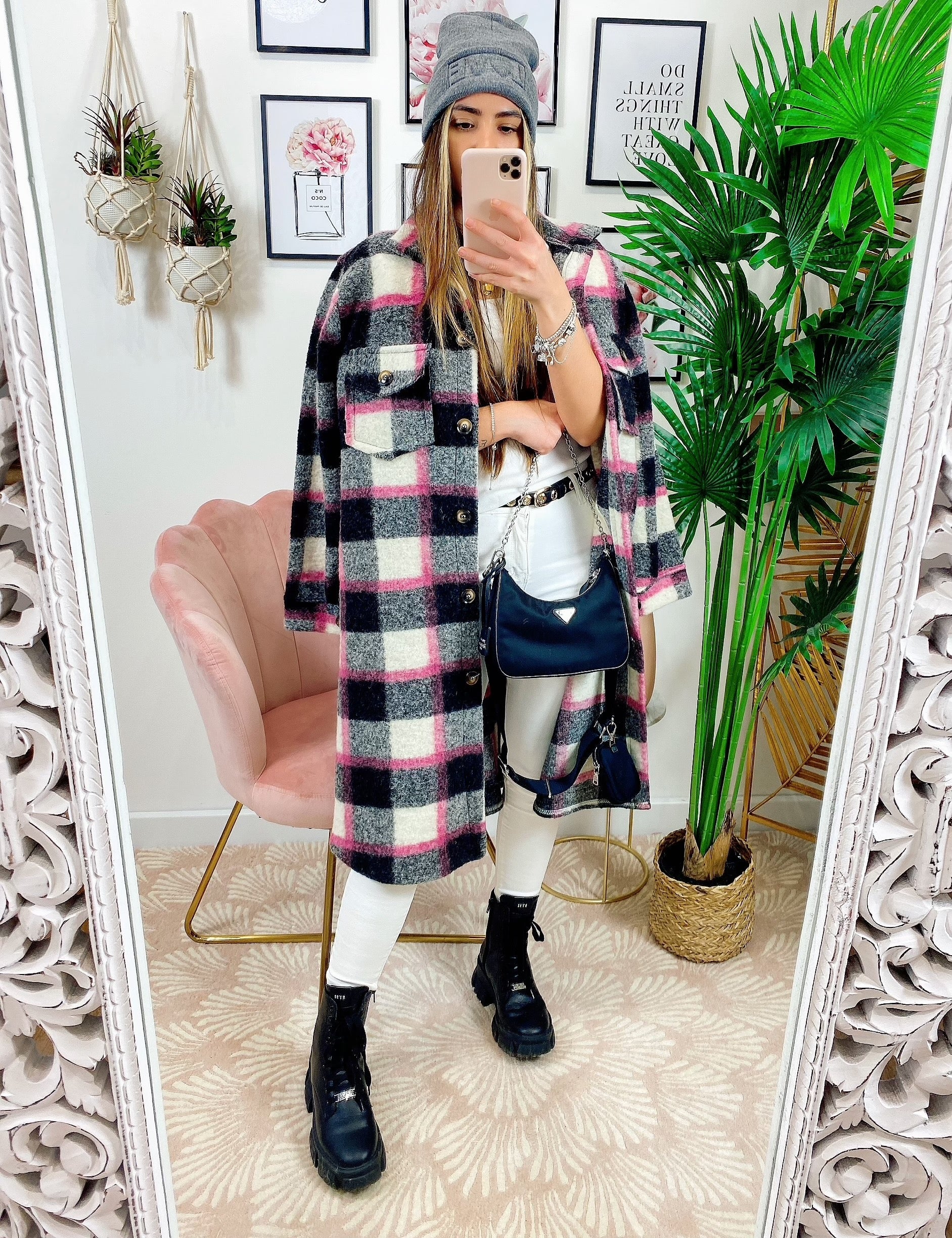 Giacca a quadri lunga Black dettaglio fucsia