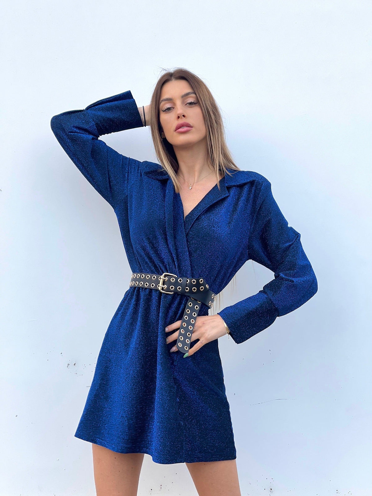 Abito glitter blu con colletto
