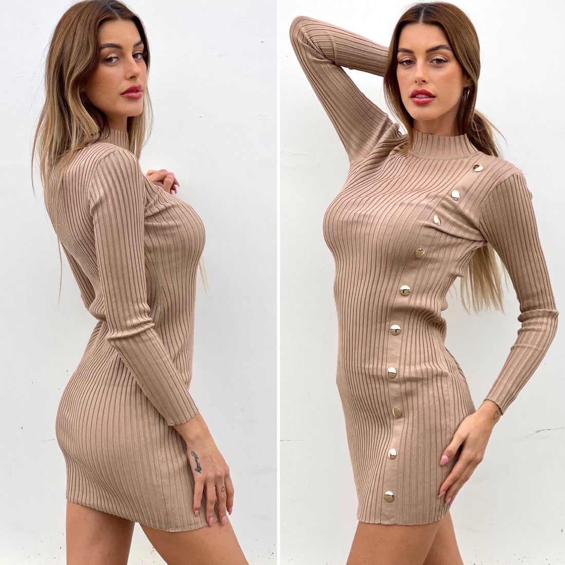Abito beige con bottoncini oro