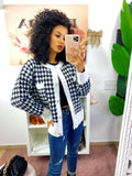 Cardigan pied de poule bottoni in perle