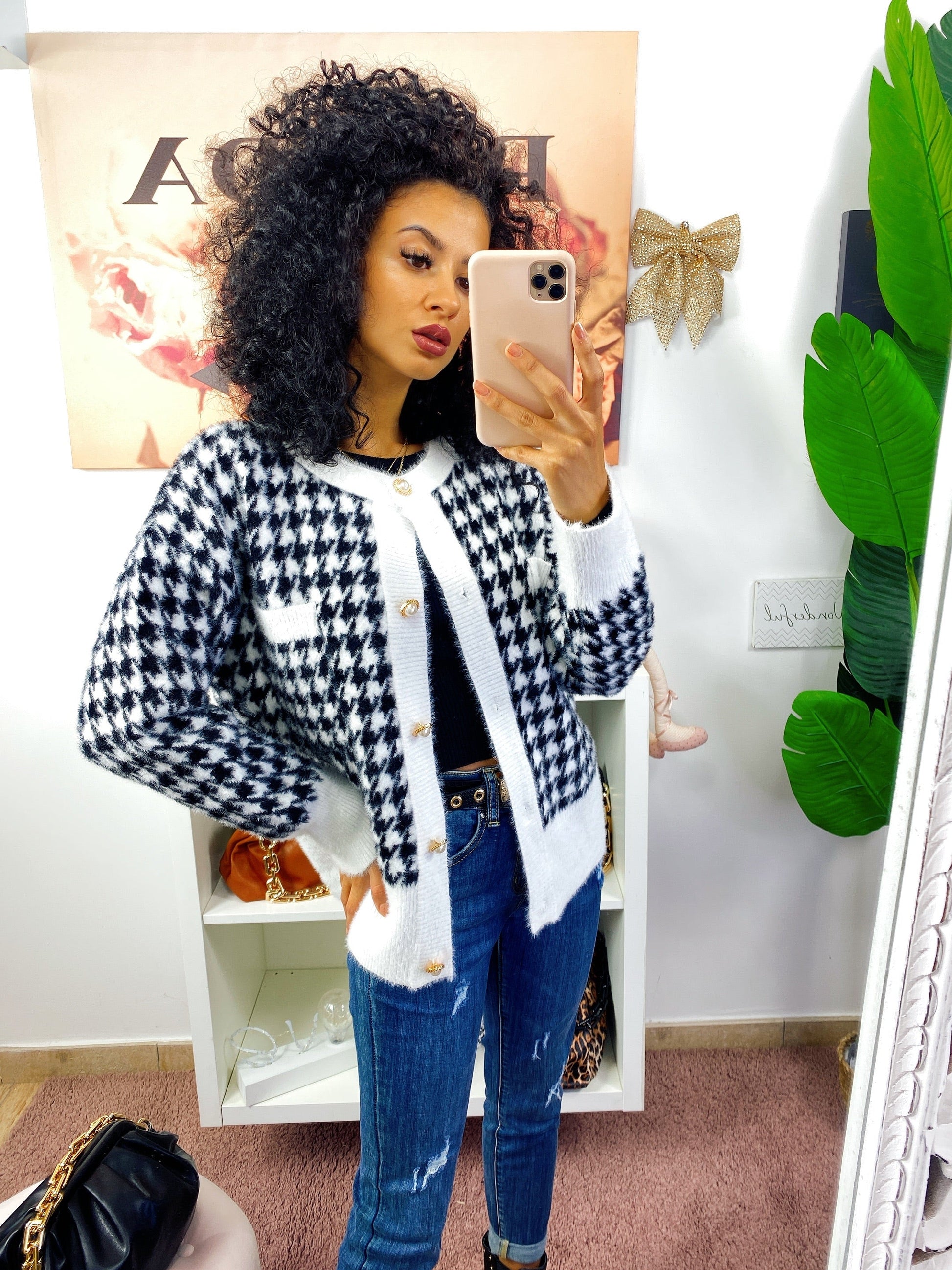 Cardigan pied de poule bottoni in perle