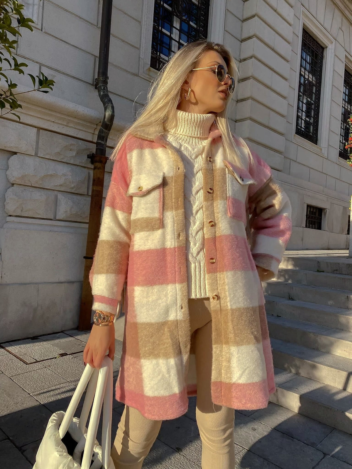 Giacca a quadri Rosa lunga con frange