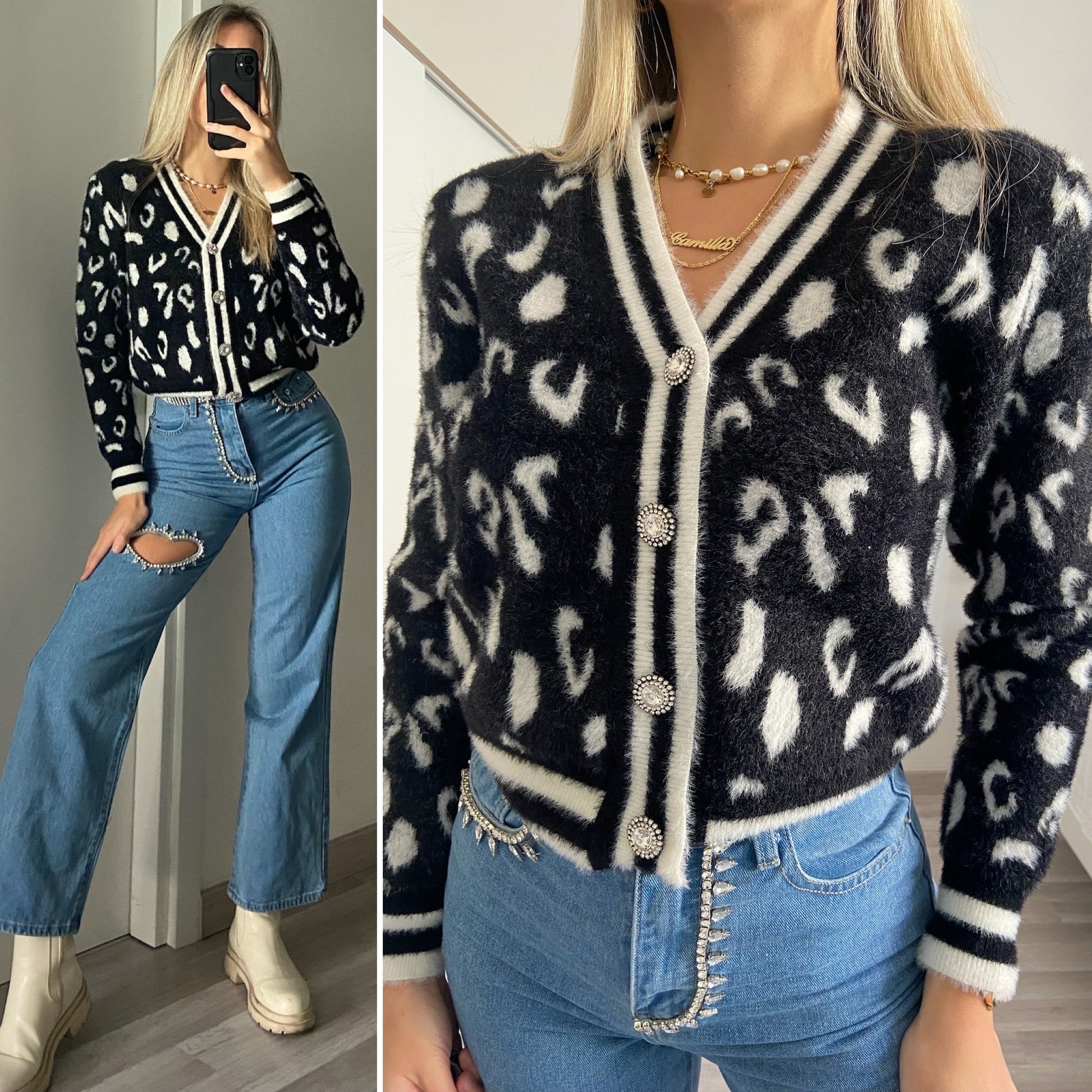 Cardigan animalier nero