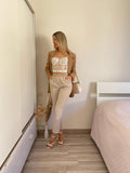 Pantalone vita alta beige