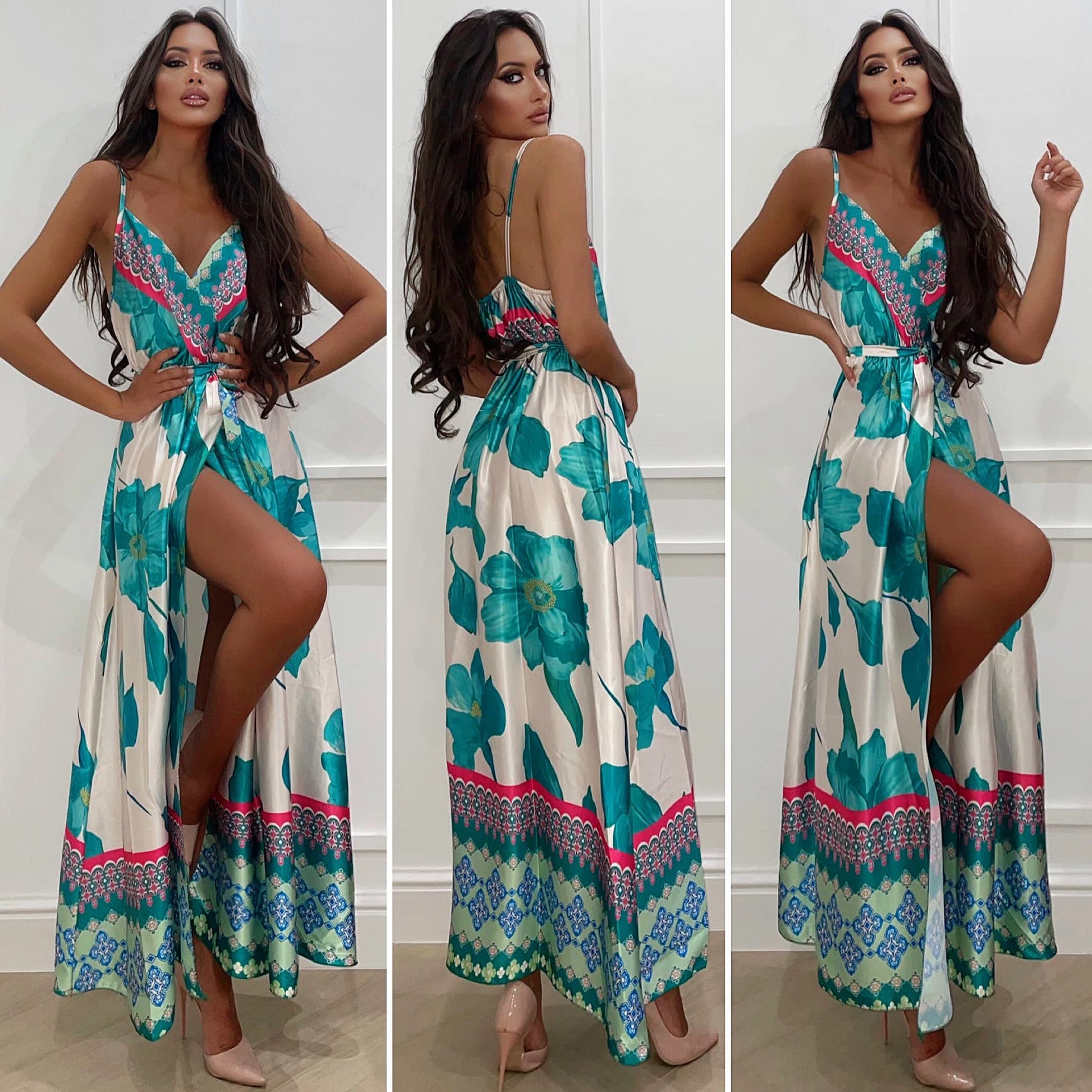 Abito in raso con maxi spacco fiori Verdeacqua