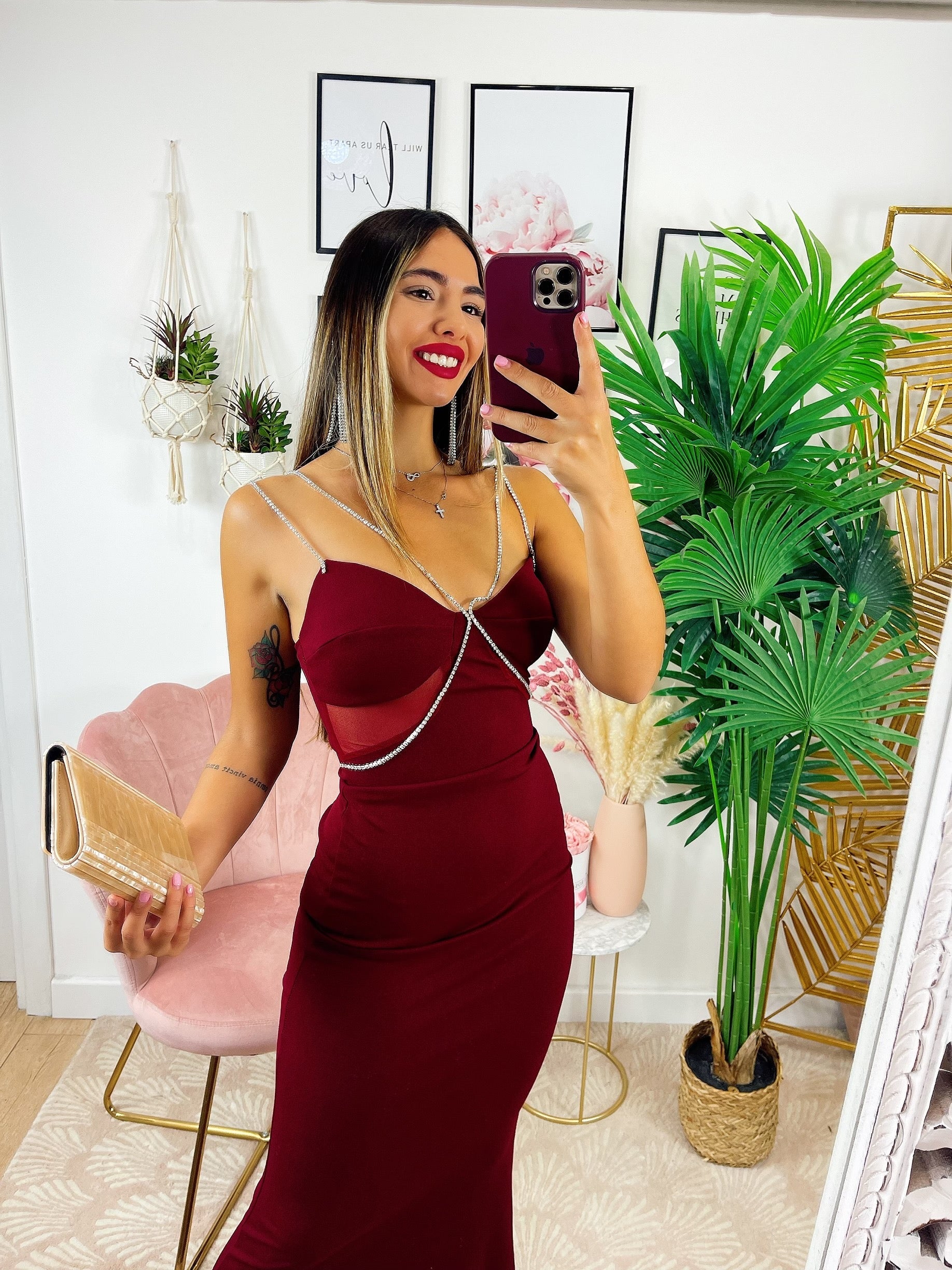 Abito lungo con dettaglio in strass Bordeaux