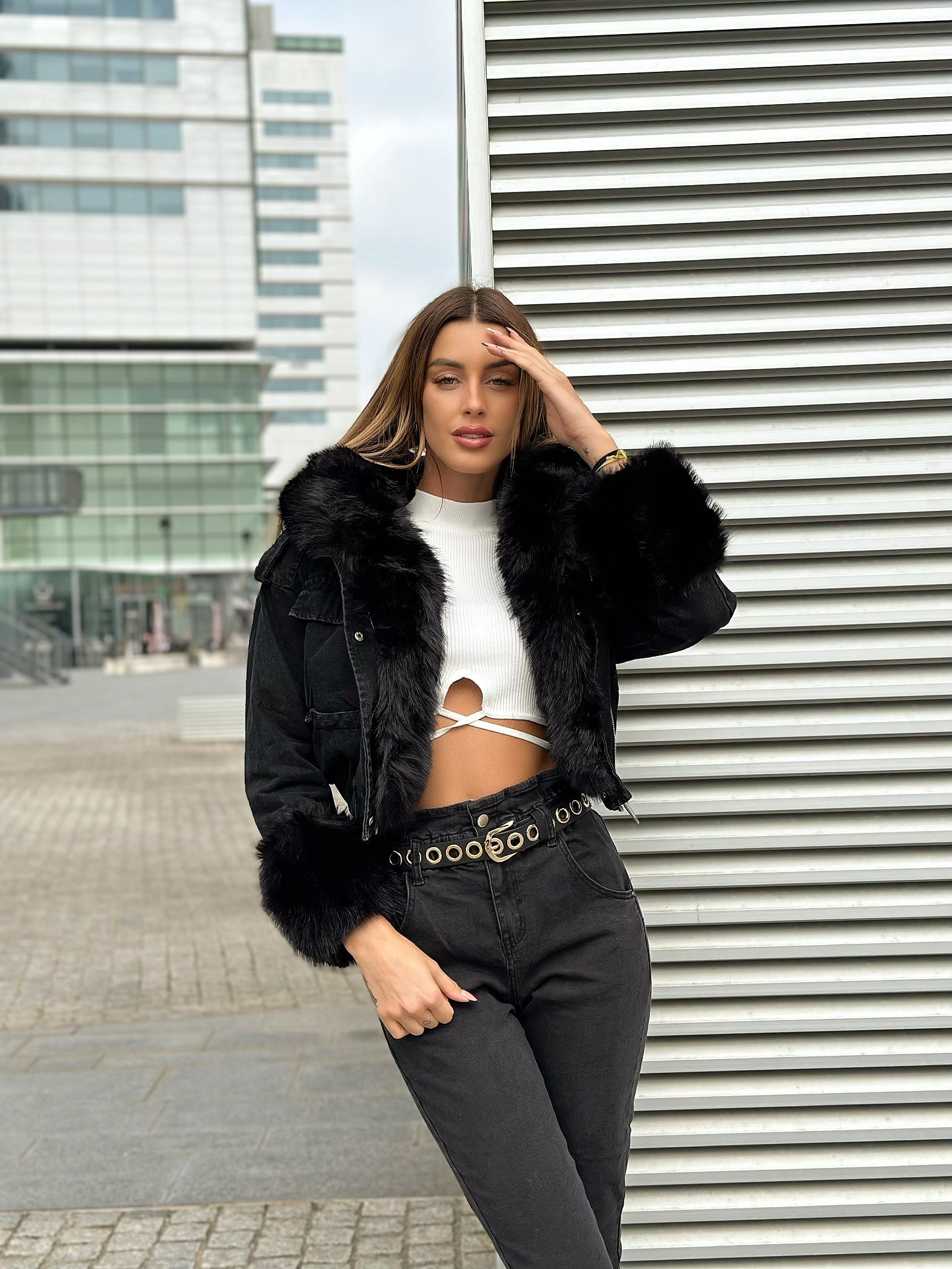 Giaccone di jeans nero pelo nero